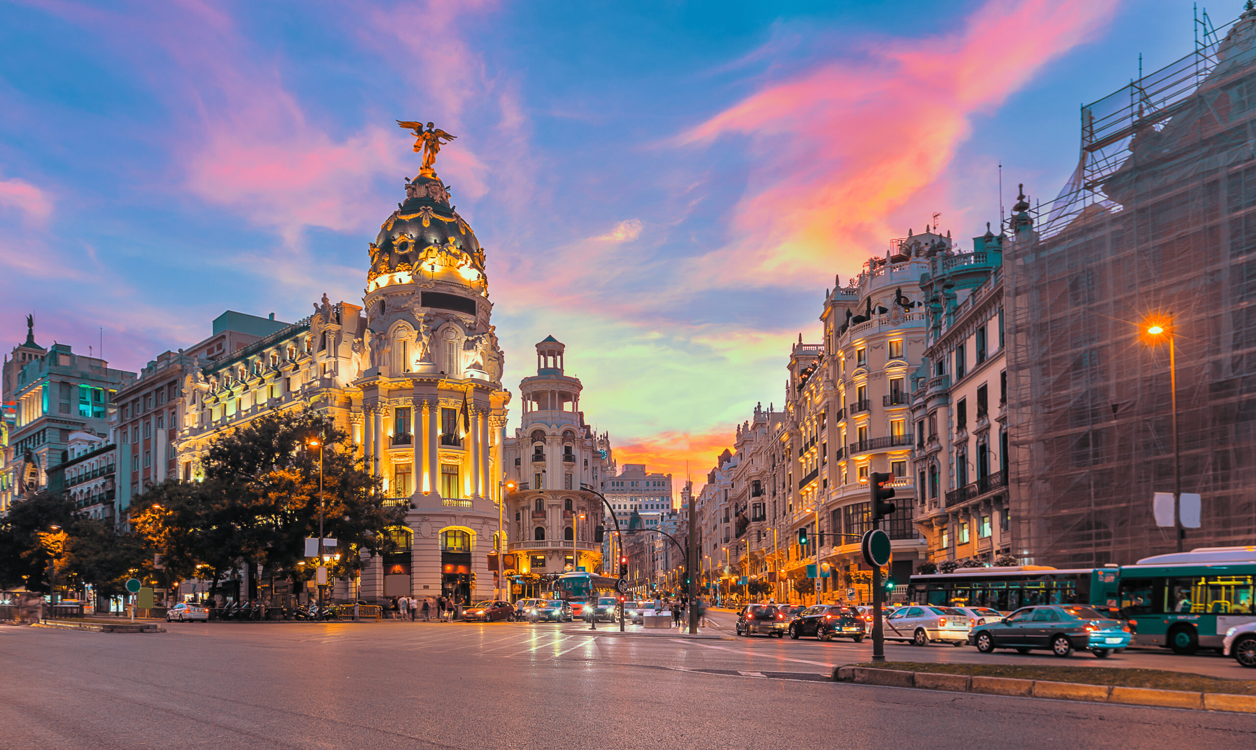 Madrid,City,Skyline,Gran,Via,Street,Twilight,,,Spain